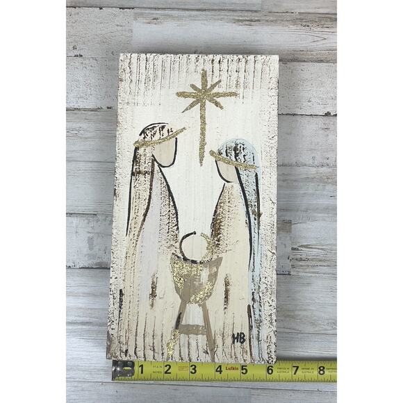 Nativity Manger Textured Wooden Block 11.75" Handmade Glitter - Picture 4 of 4